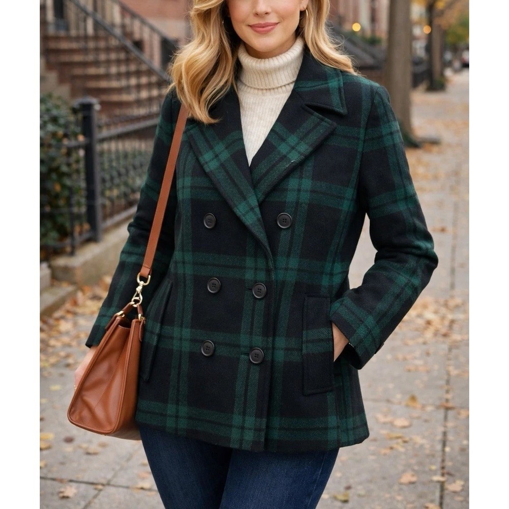 Old Navy Prescott Wool Blend Plaid Check Small Green Black Double Breasted Coat